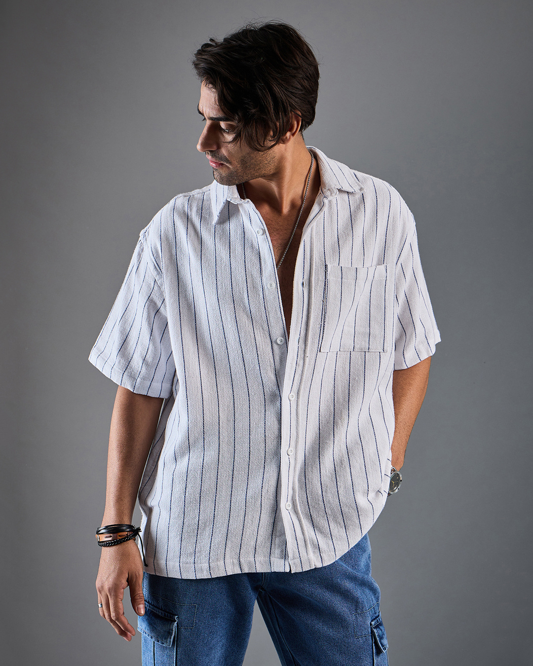 Buy Men's White & Blue Striped Oversized Shirt Online at Bewakoof