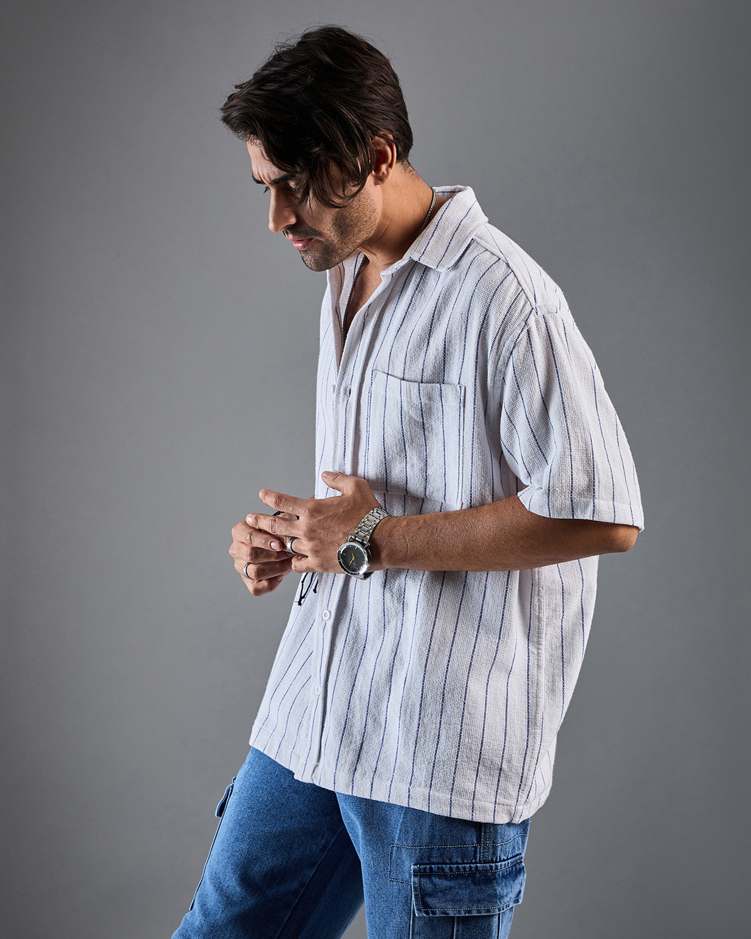 Shop Men's White & Blue Striped Oversized Shirt-Back