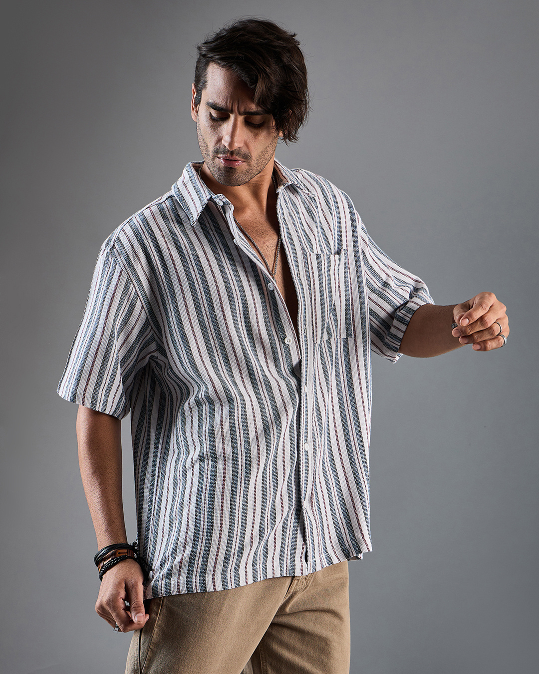 Buy Men's White & Blue Striped Oversized Shirt Online at Bewakoof