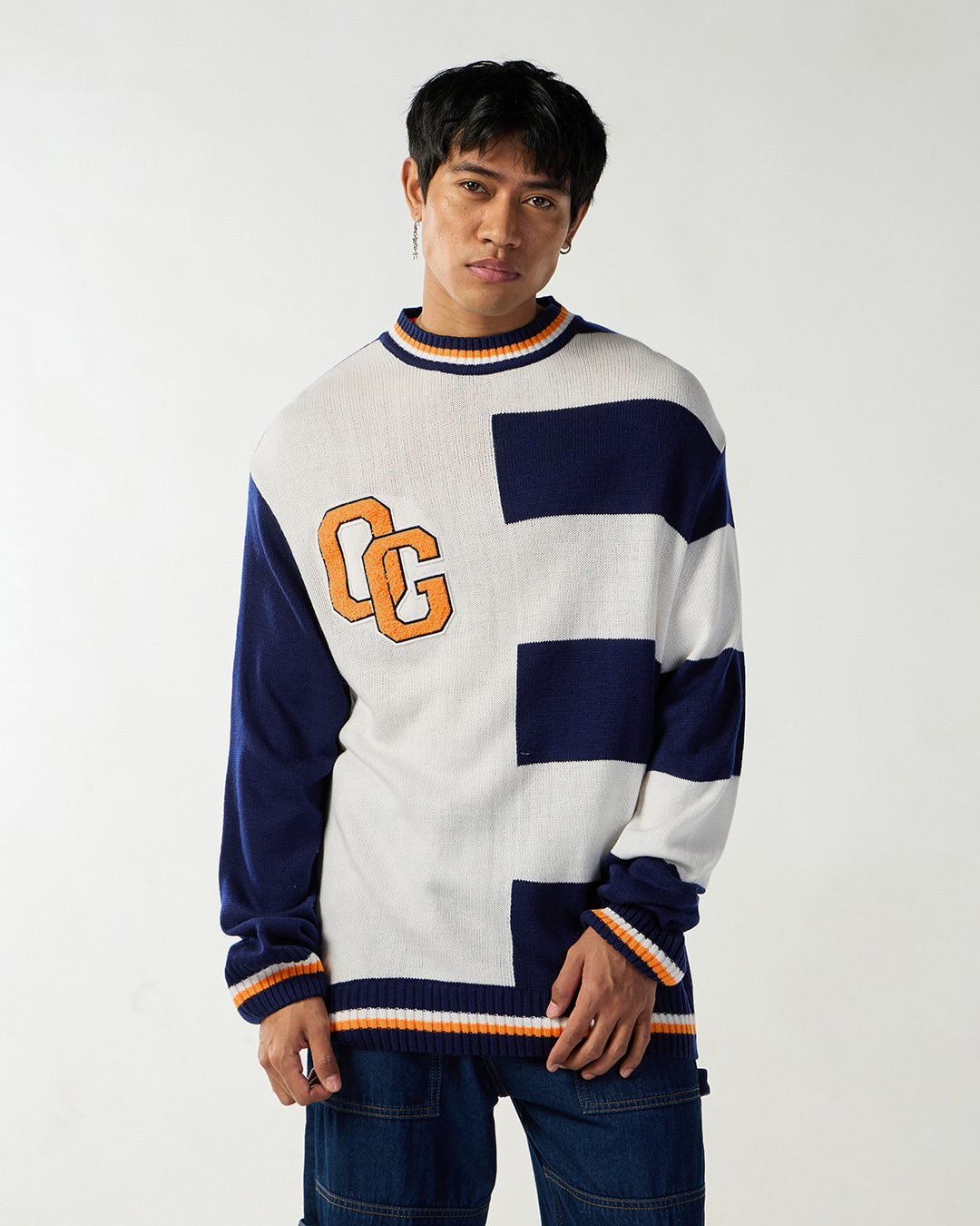 Shop Men's White & Blue Color Block Oversized Sweater-Back