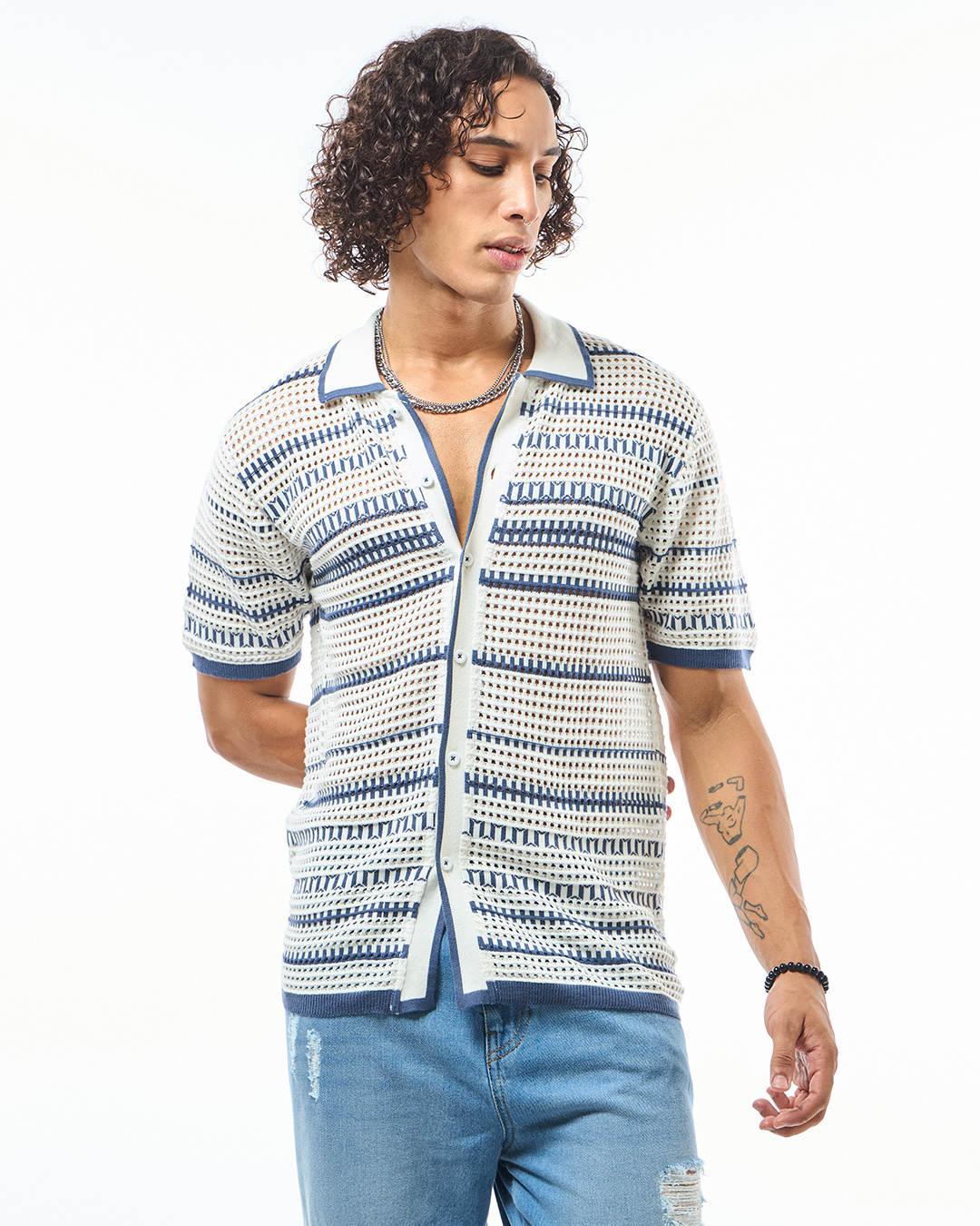 Shop Men's White & Blue Striped Flatknit Shirt-Back