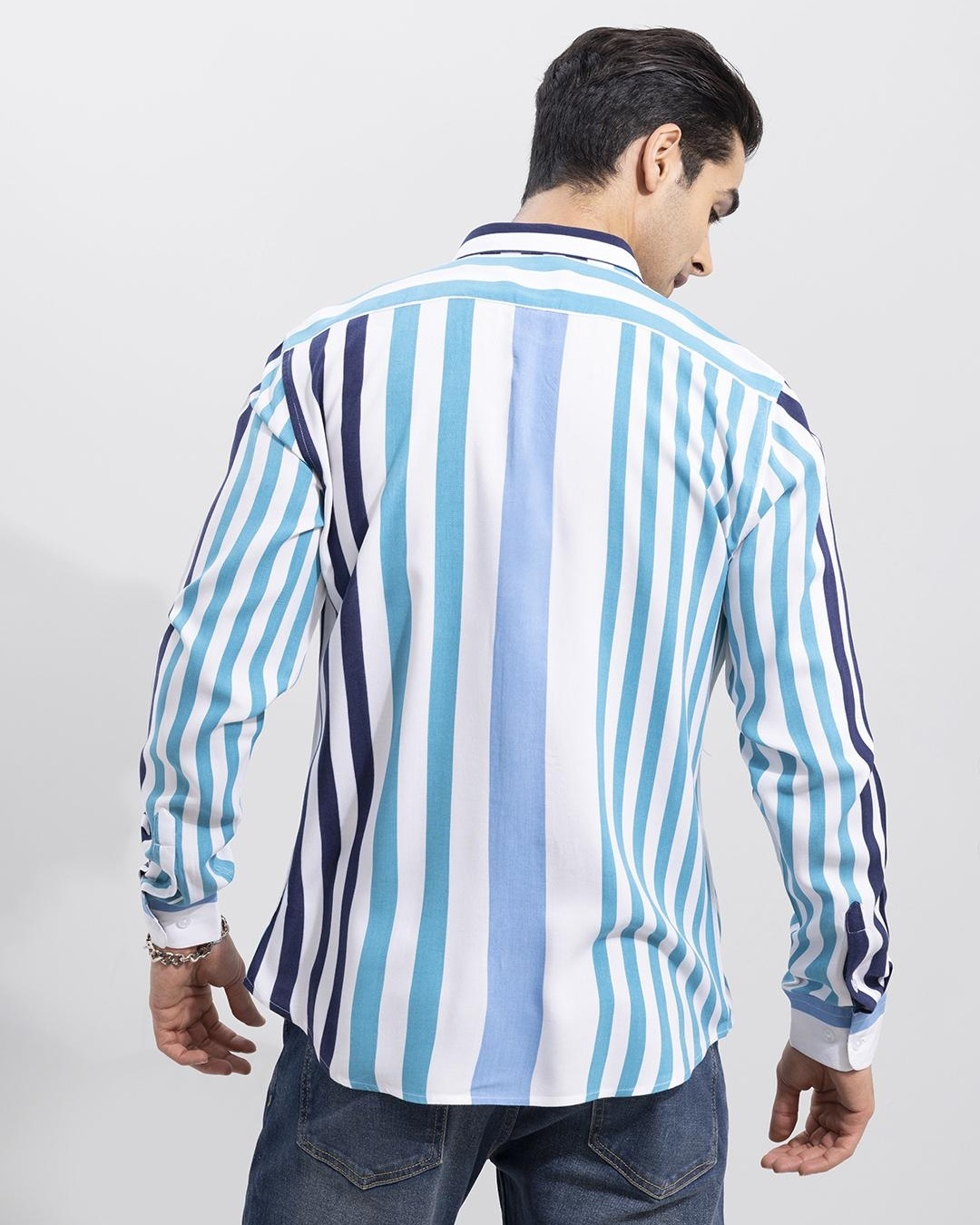Shop Men's White & Blue Striped Slim Fit Shirt-Back
