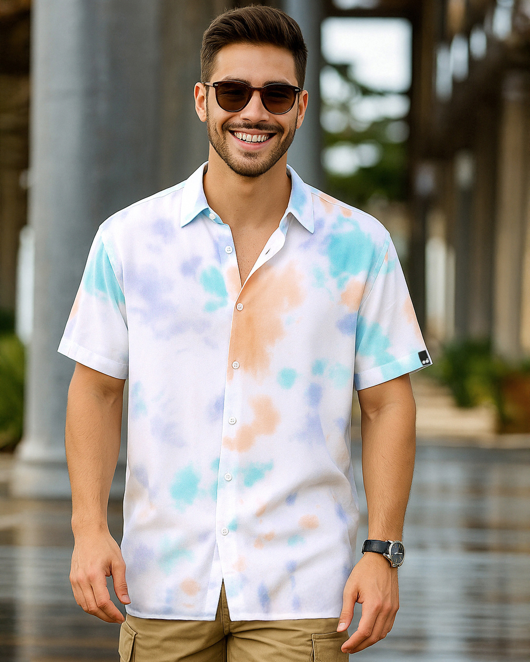 NEFF Men's Hawaiian Button-Up Shirt - Blue Tie Dye Poolside Shirt | Size Large