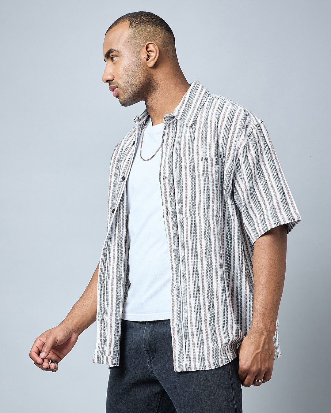 Shop Men's White & Brown Striped Oversized Shirt-Back