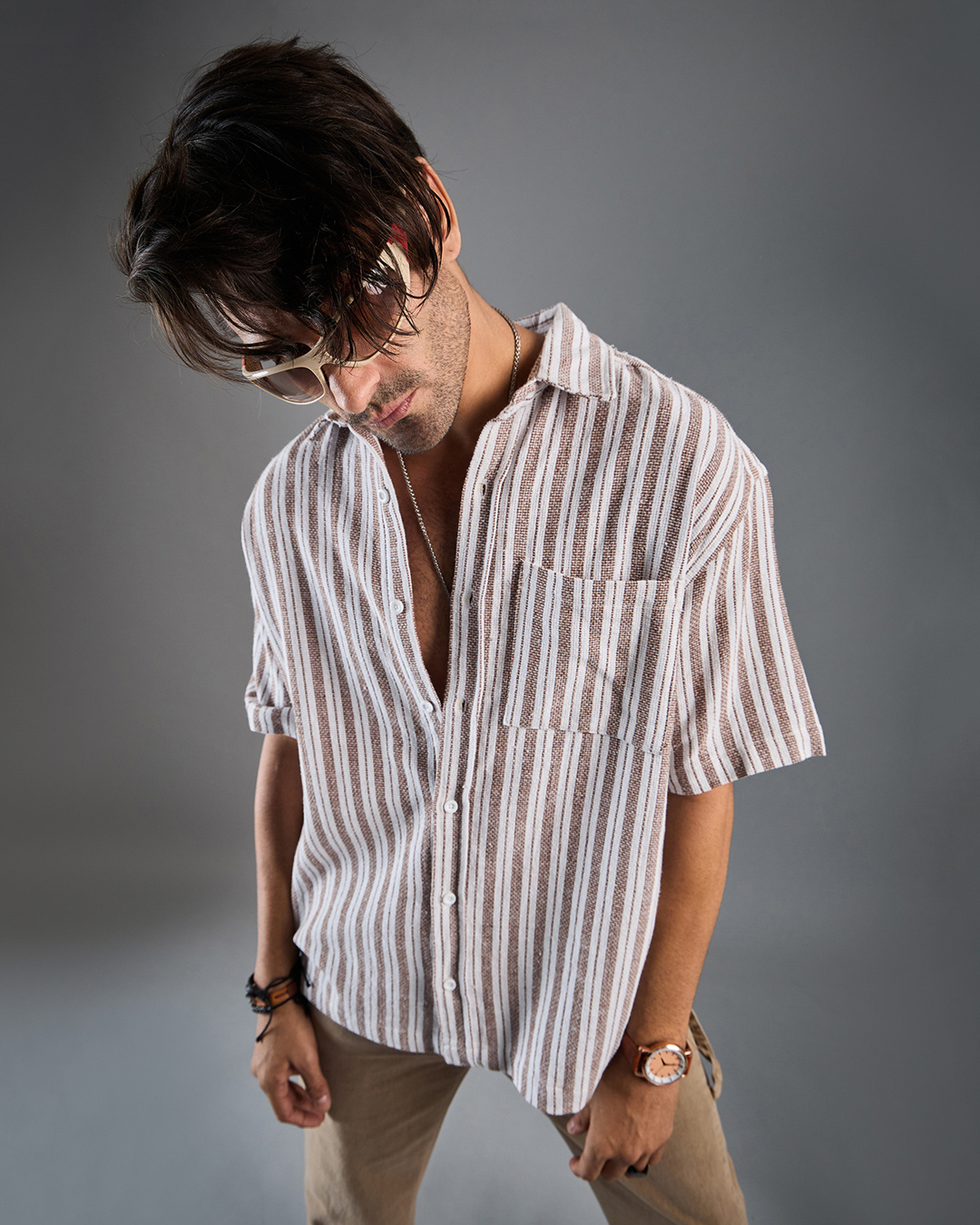 Buy men s white brown striped oversized shirt online at bewakoof