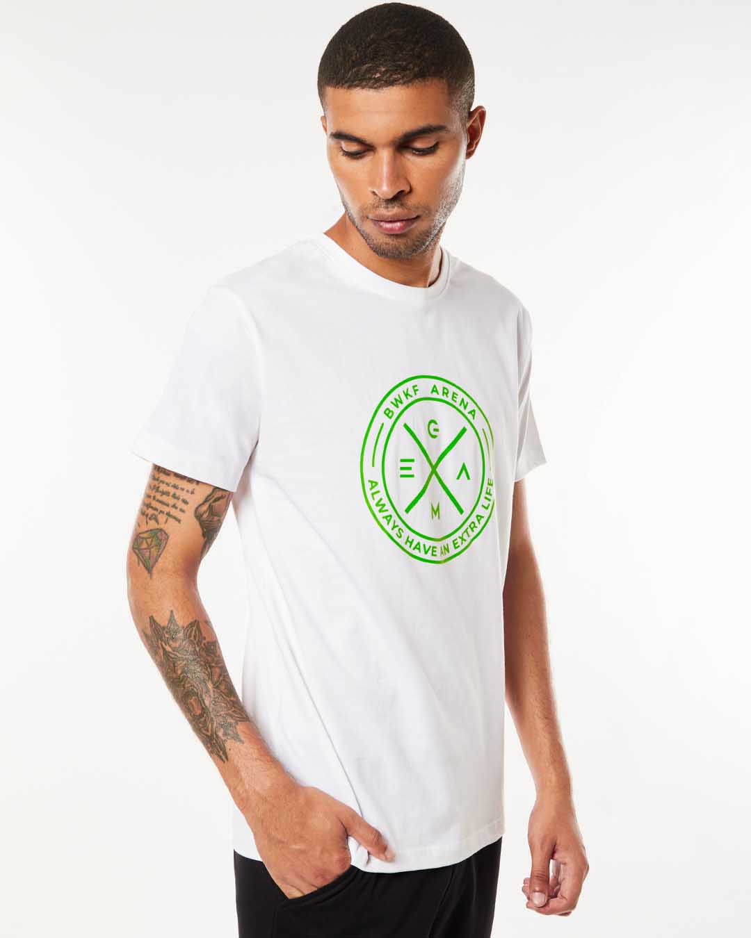 Shop Men's White BWKF Arena Typography T-shirt-Back