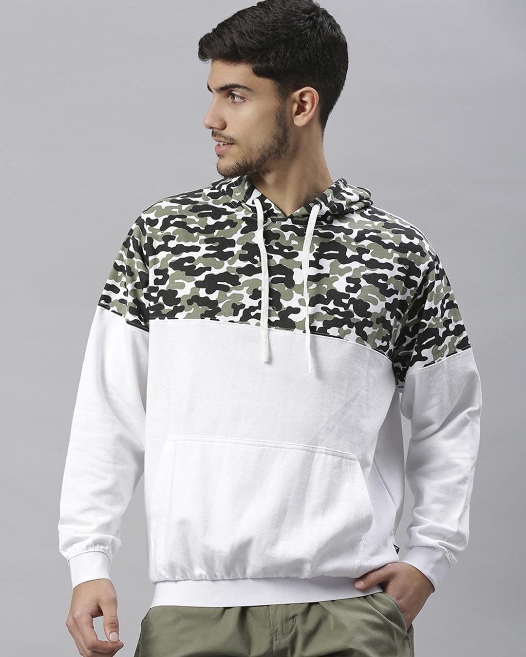 Buy Men's White Camouflage Printed Hooded Sweatshirt Online at Bewakoof