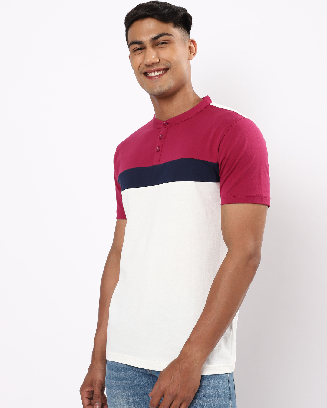 Shop Men's White Color Block Henley T-shirt-Back