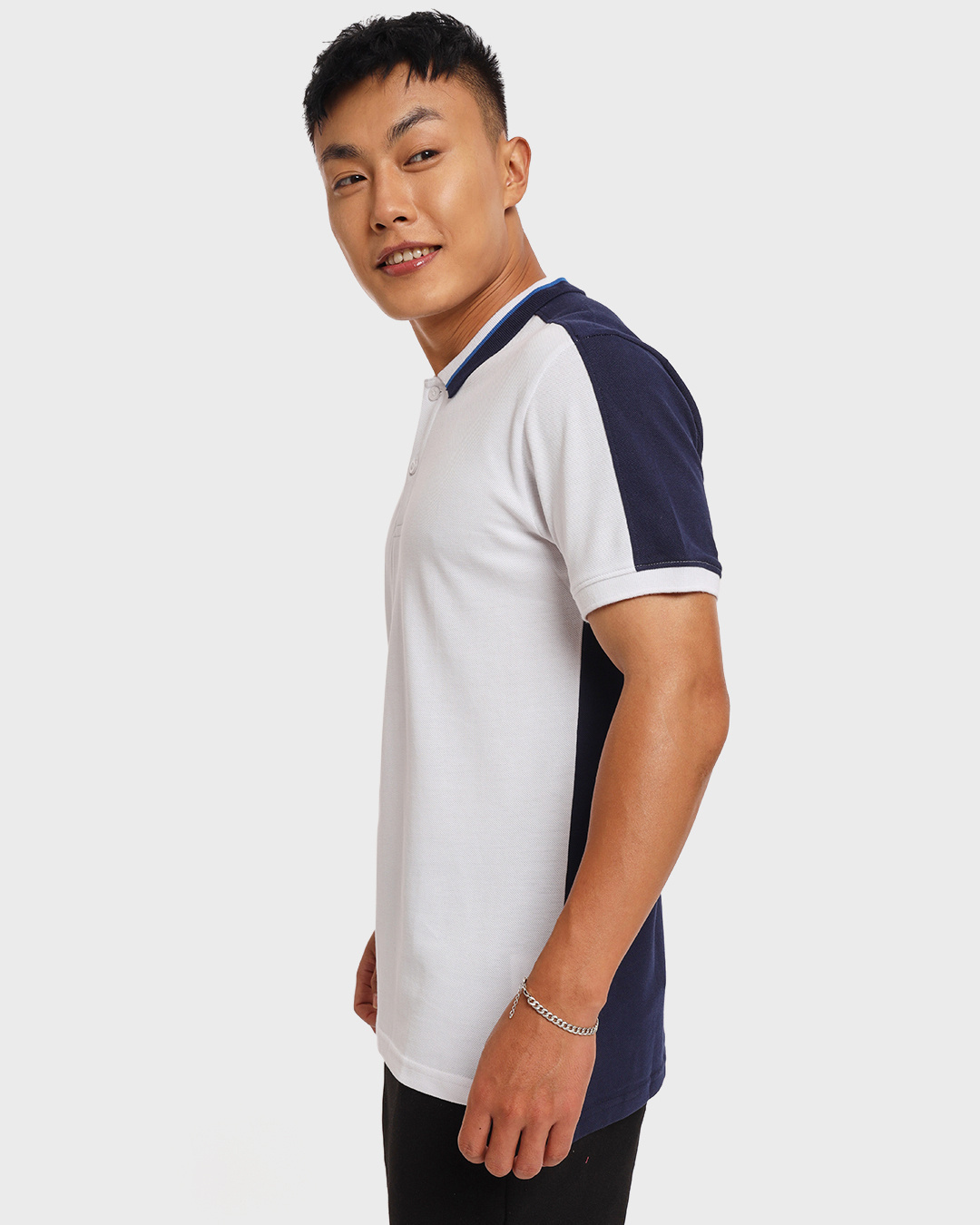 Shop Men's White & Blue Color Block Polo T-shirt-Back