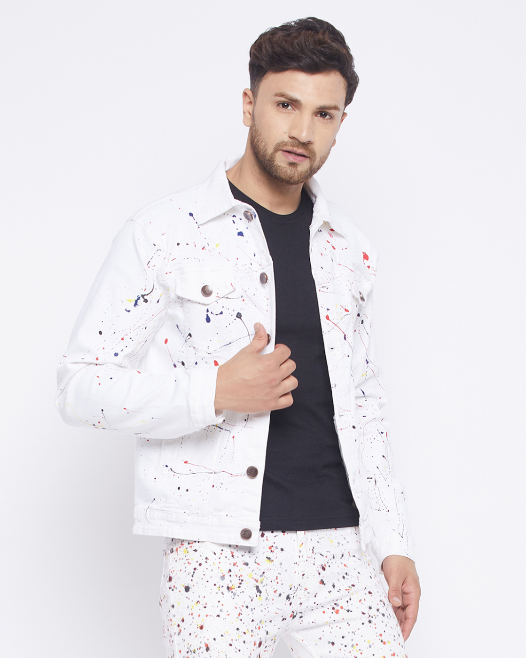 Buy Men's White Cotton Ecru Paint Splatter Slim Fit Denim Jacket for