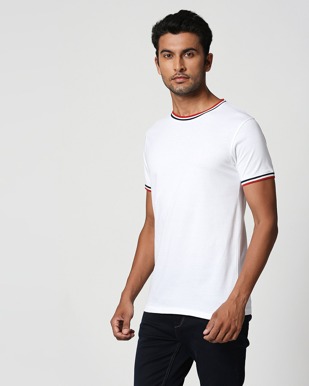 Shop Men's White Crewneck Varsity Rib T-shirt-Back