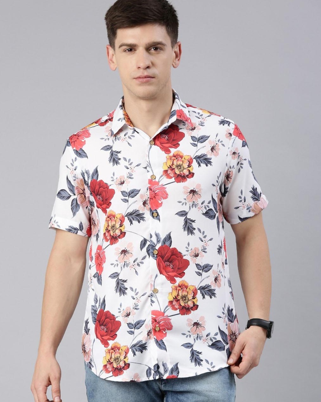 Men's Cream Floral Printed Slim Fit Shirt