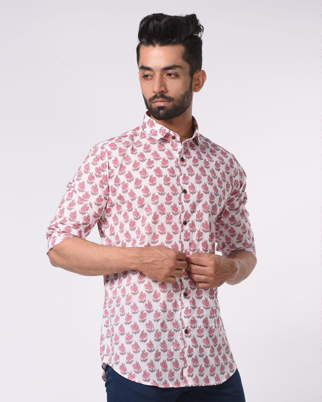 Shop Men's White Ethnic Motif Printed Slim Fit Shirt-Back