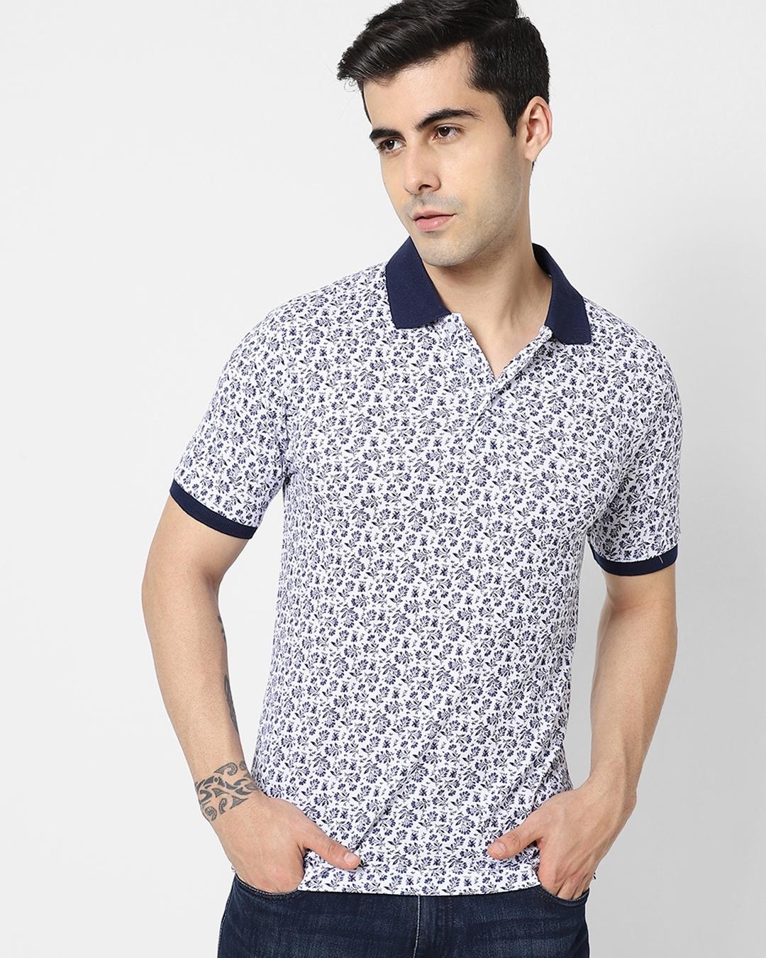 Buy Men's White Floral Printed Polo T-shirt Online at Bewakoof