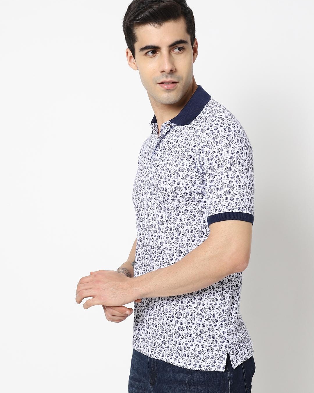 Shop Men's White Floral Printed Polo T-shirt-Back