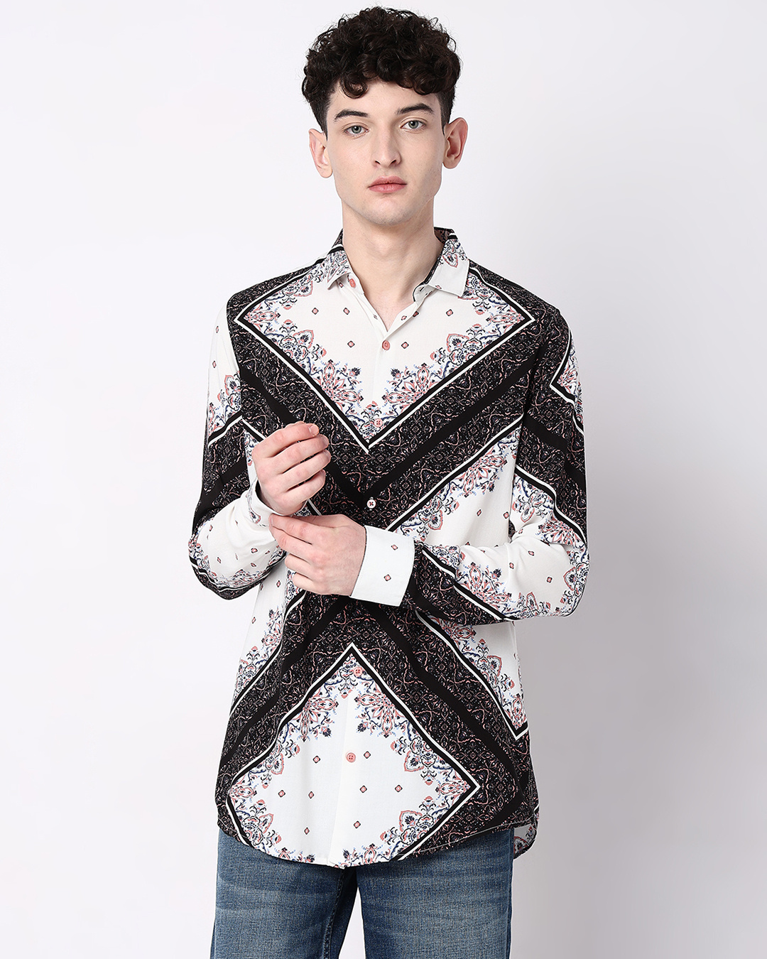 Men's White Comfort Floral Printed Cotton Casual Shirt