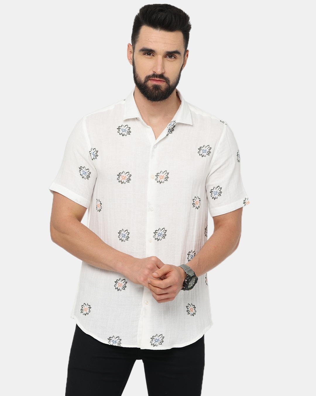 Men's White Classic Floral Printed Cotton Casual Shirt