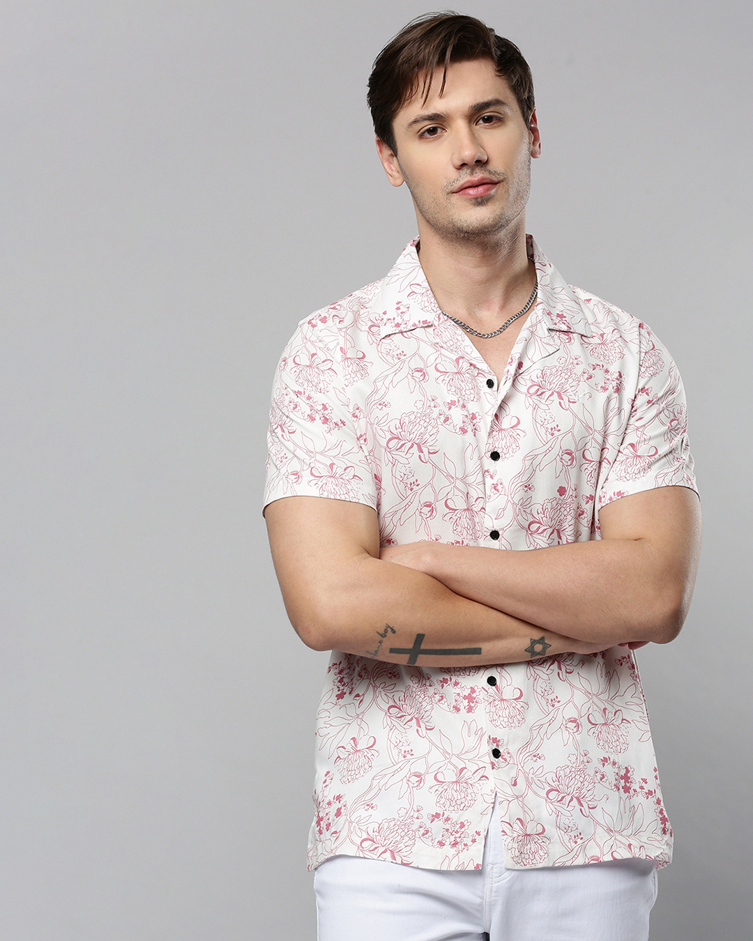 Men's White Floral Printed Casual Shirt