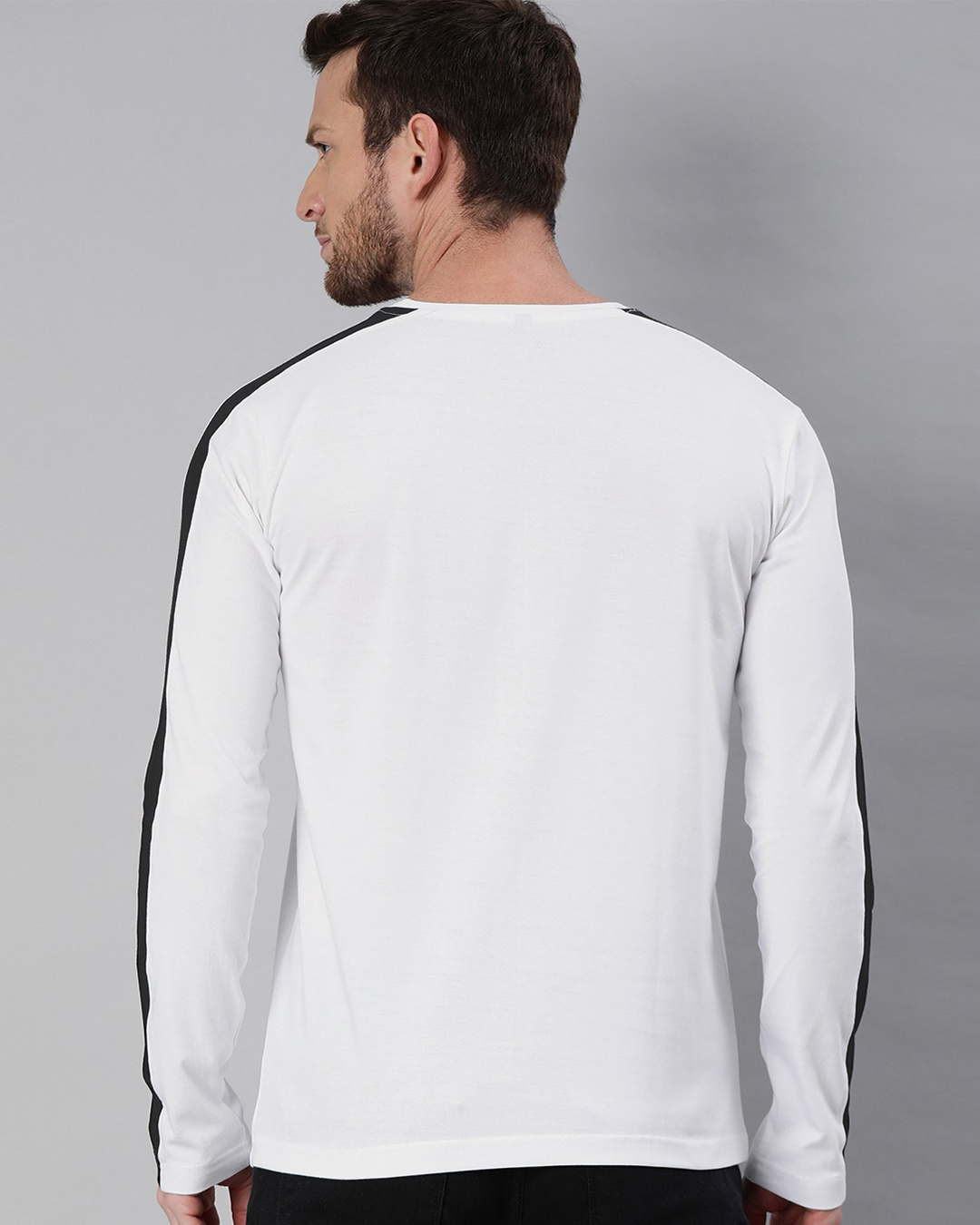 Shop Men's White Full Sleeve T-shirt (Black Stripe)-Back