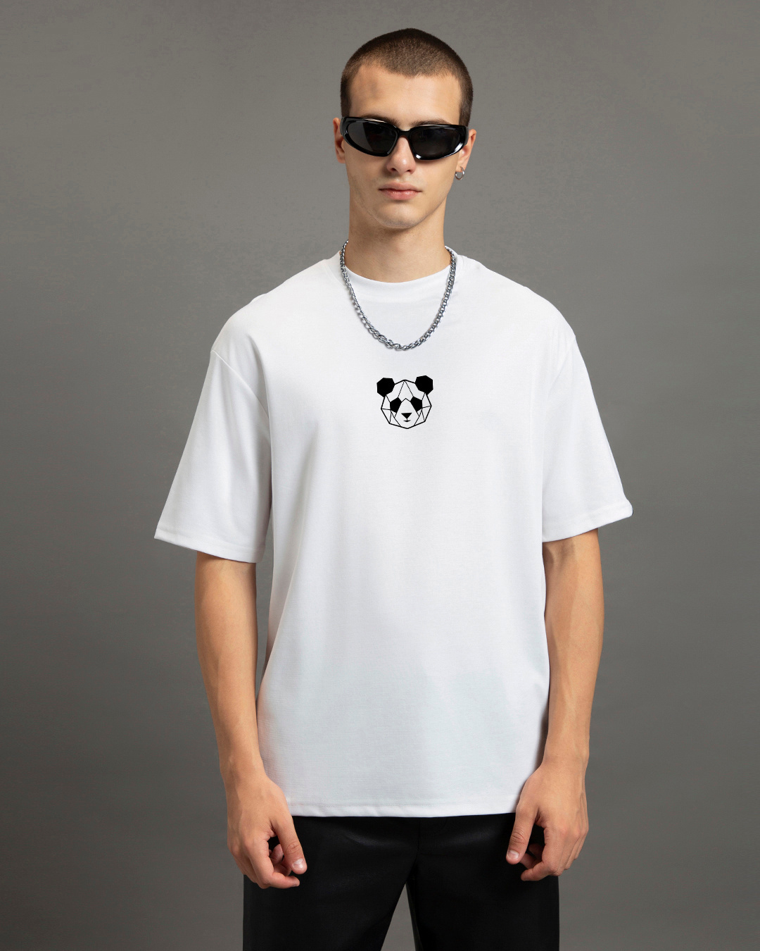 Shop Men's White Geo Panda Graphic Printed Oversized T-shirt-Back