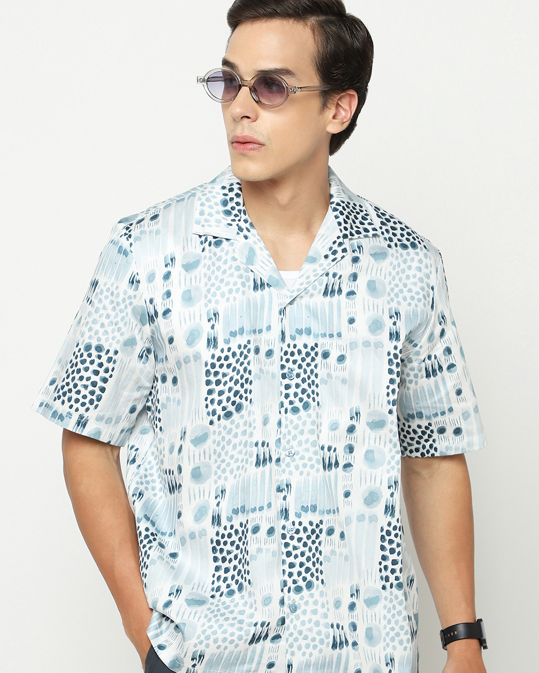 Men’s Cotton Geometric Patterned White Shirt – BREEZE