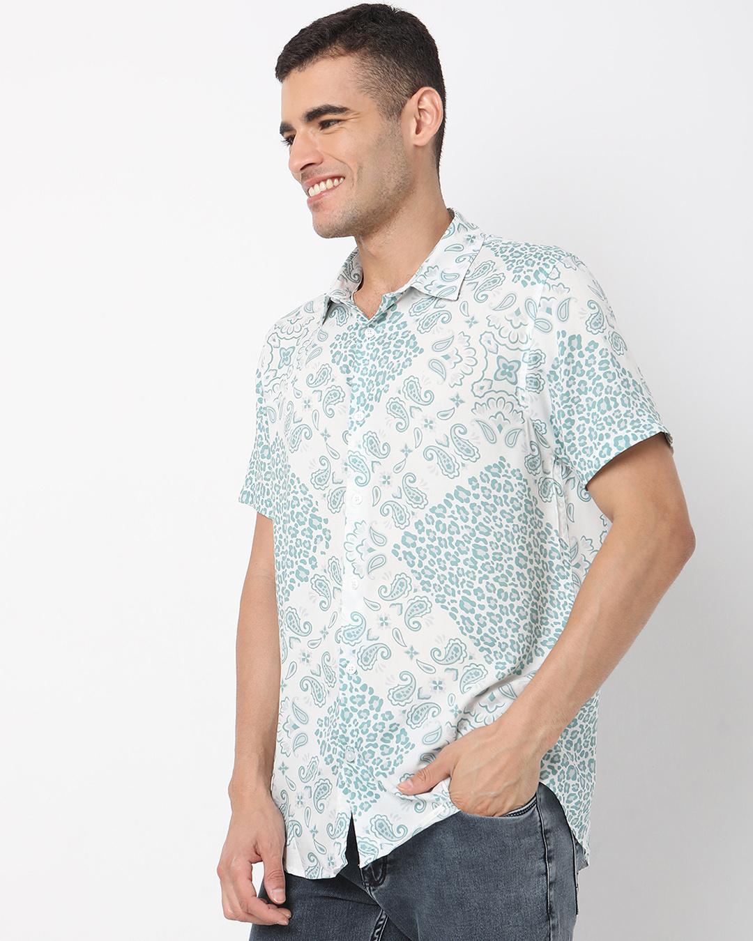 Shop Men's White & Green All Over Paisley Printed Rayon Shirt-Back