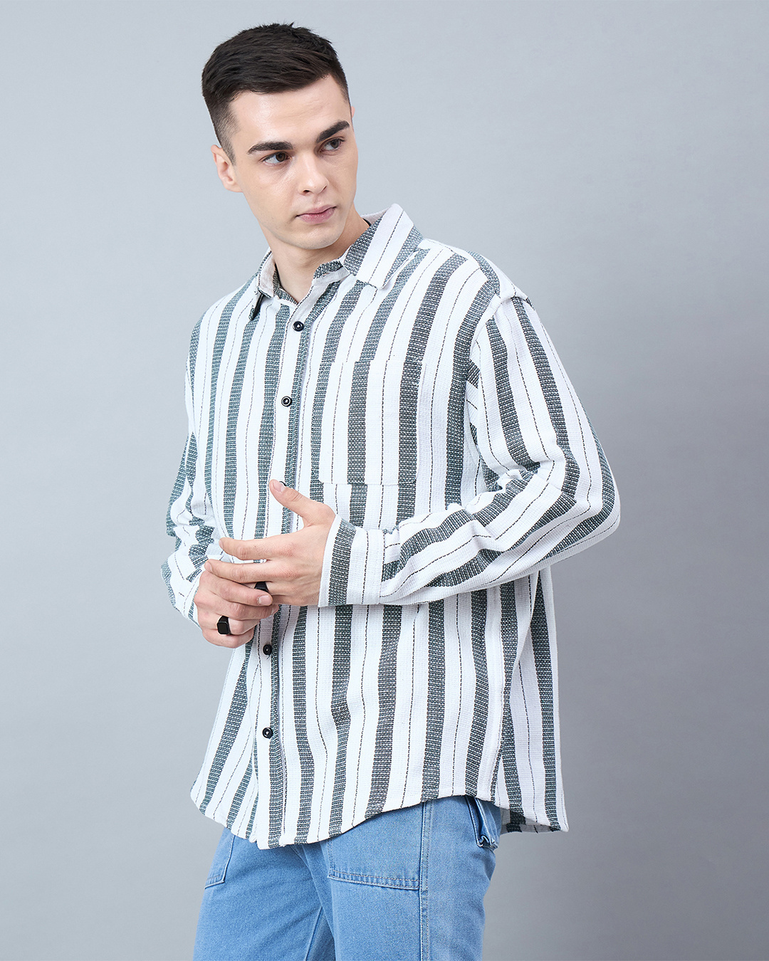 Shop Men's White & Green Striped Oversized Shirt-Back