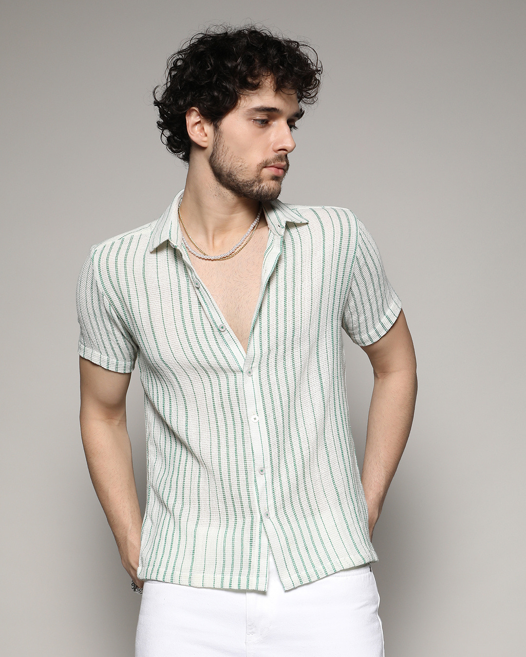 Buy Men's White & Green Striped Shirt Online at Bewakoof