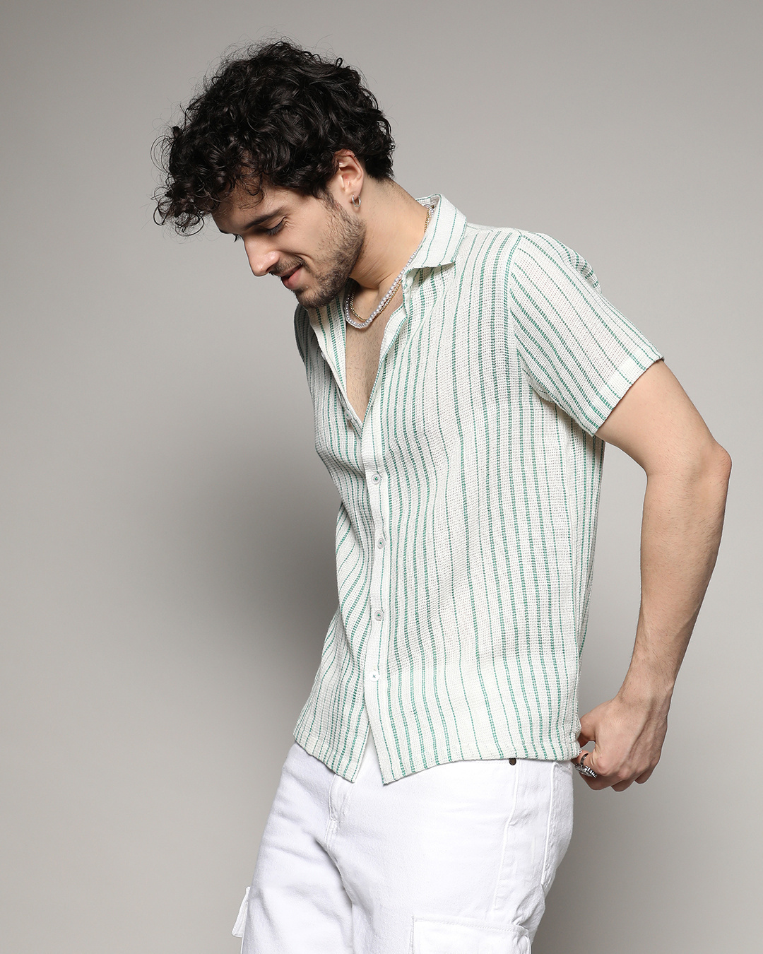 Shop Men's White & Green Striped Shirt-Back