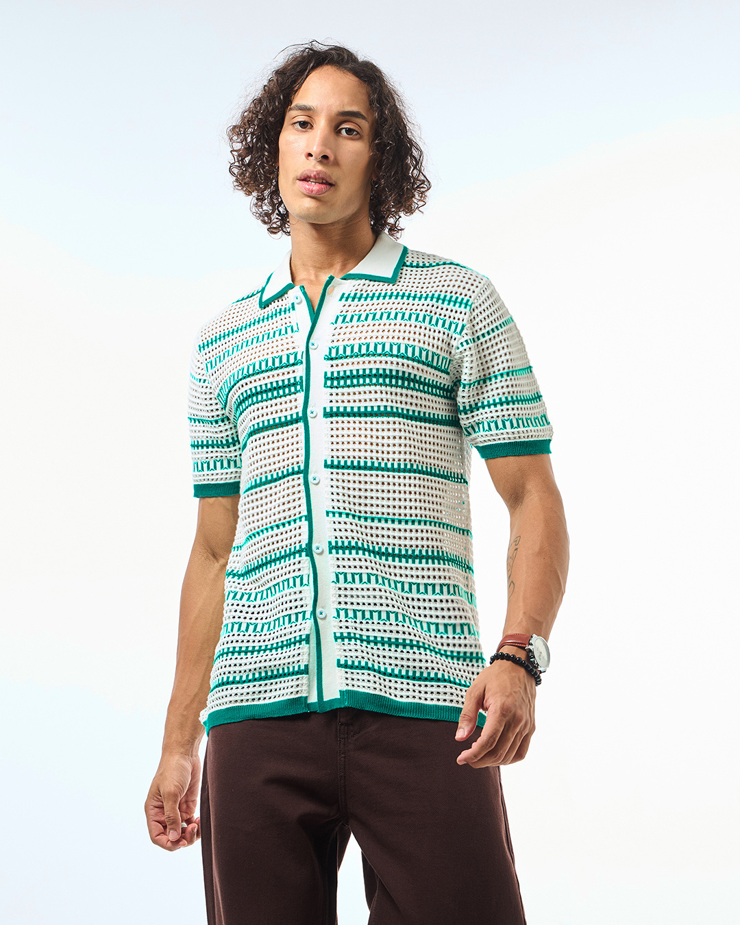 Shop Men's White & Green Striped Flatknit Shirt-Back