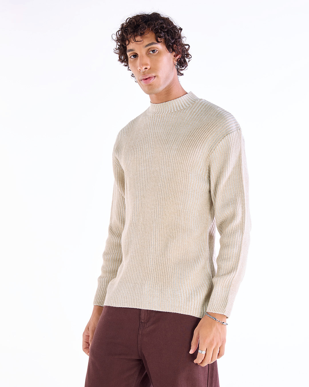 Shop Men's Beige Textured Oversized Sweater-Back