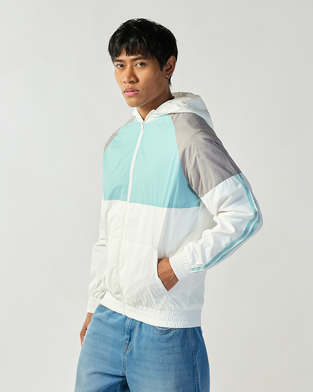 Shop Men's White & Grey Color Block Windcheater Jacket-Back