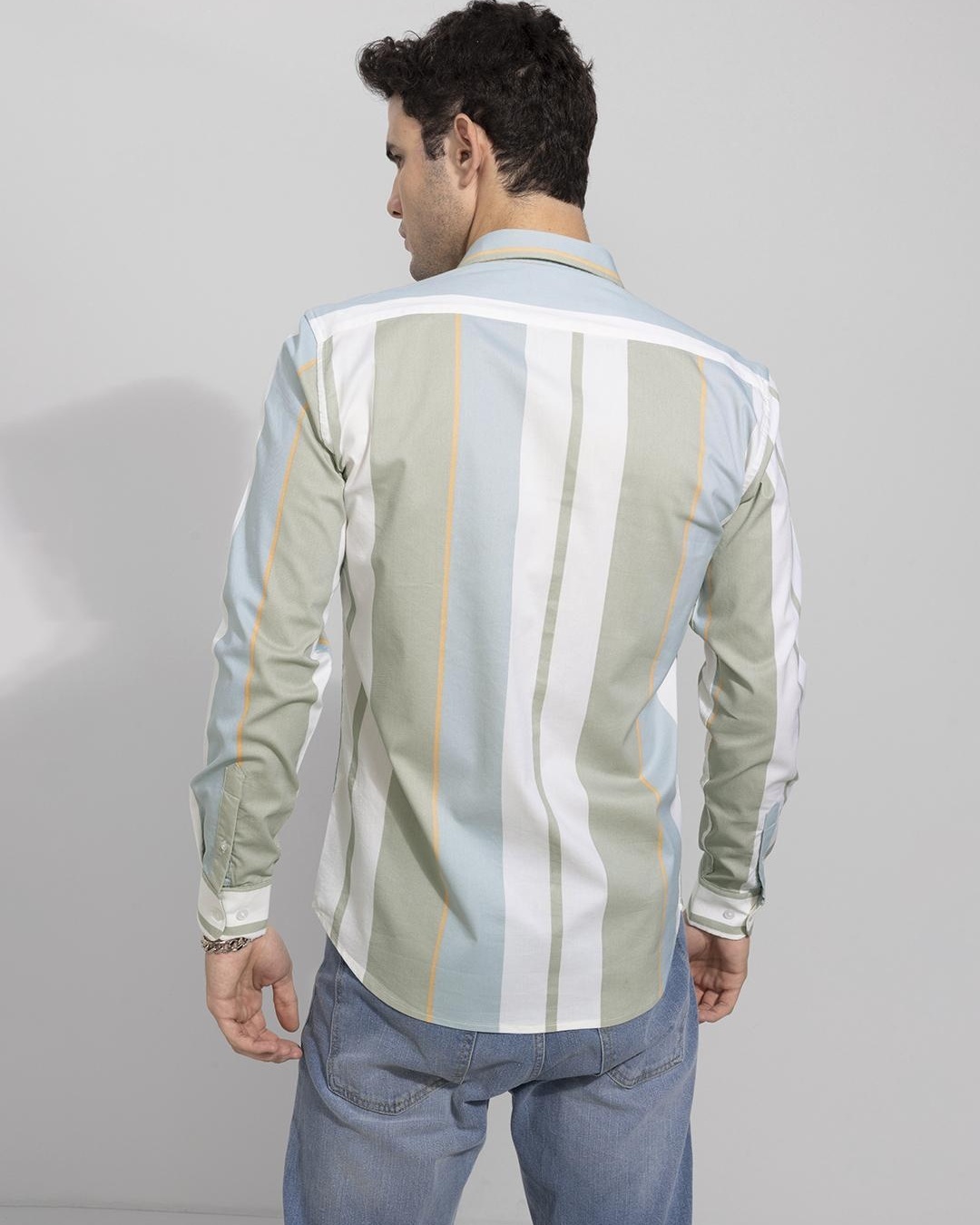 Shop Men's White & Grey Striped Slim Fit Shirt-Back