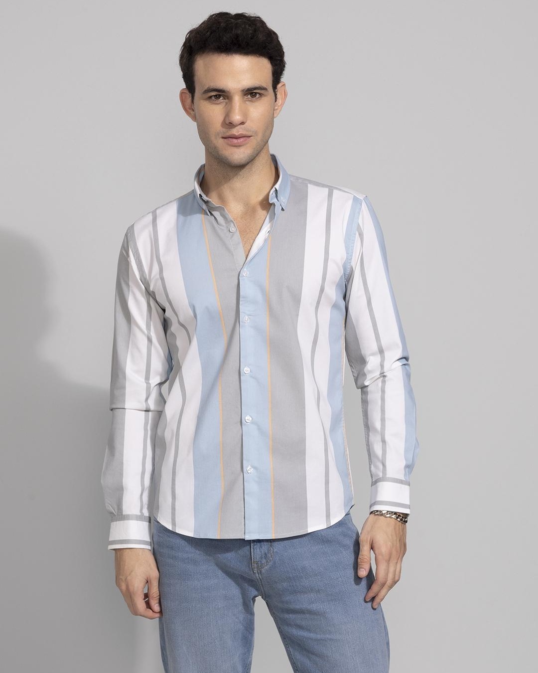 Buy Men's White & Grey Striped Slim Fit Shirt for Men White Online at ...
