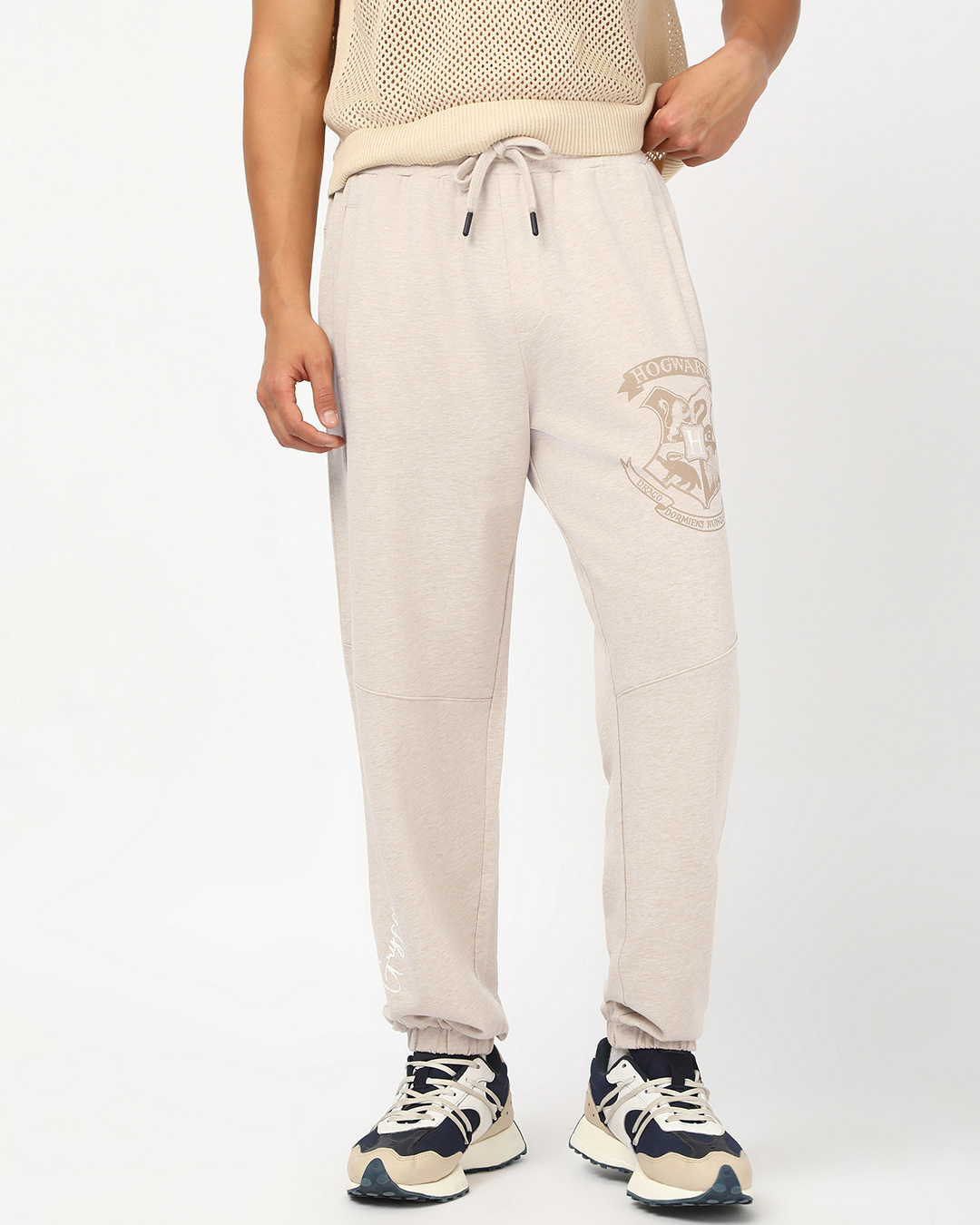 Shop Men's Light Beige Melange Hogwarts Printed Oversized Joggers-Back