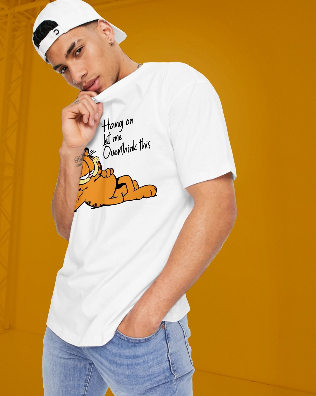 Shop Men's White Hang on let me over think Graphic Printed Oversized T-shirt-Back