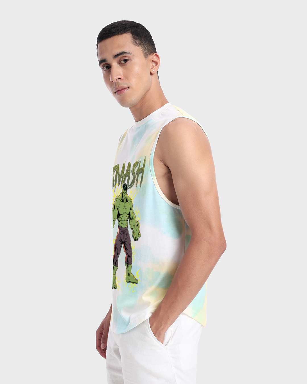 Shop Men's White & Blue Hulk Graphic Printed Tie & Dye Oversized Vest-Back