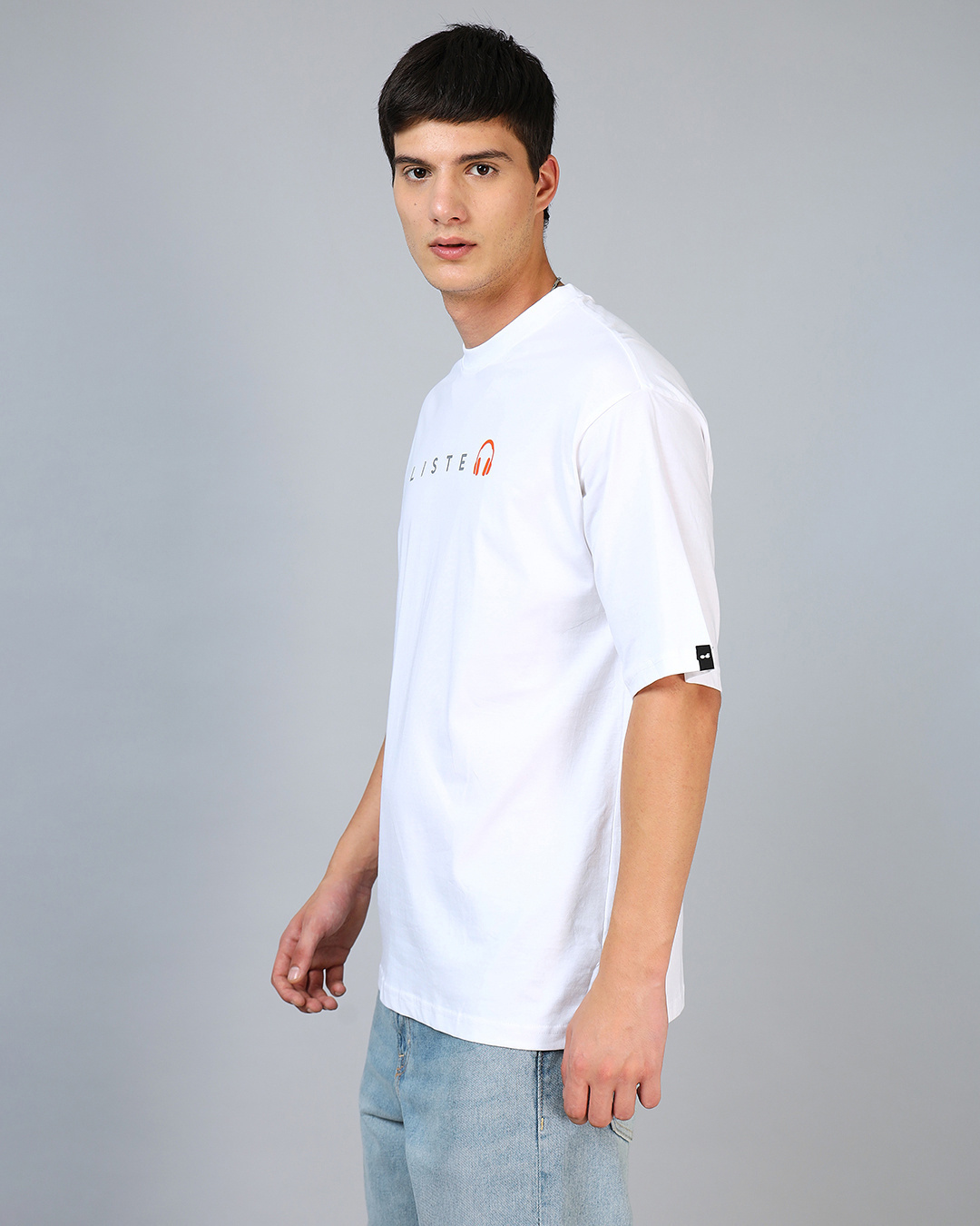 Shop Men's White Keep Listening Typography Oversized T-shirt-Back