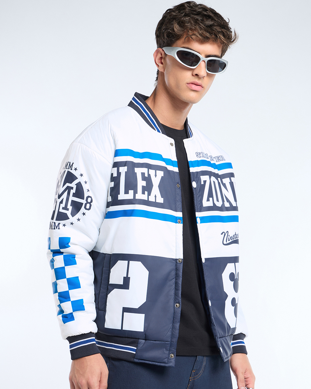 Shop Men's White & Light Navy Blue Typography Oversized Bomber Jacket-Back
