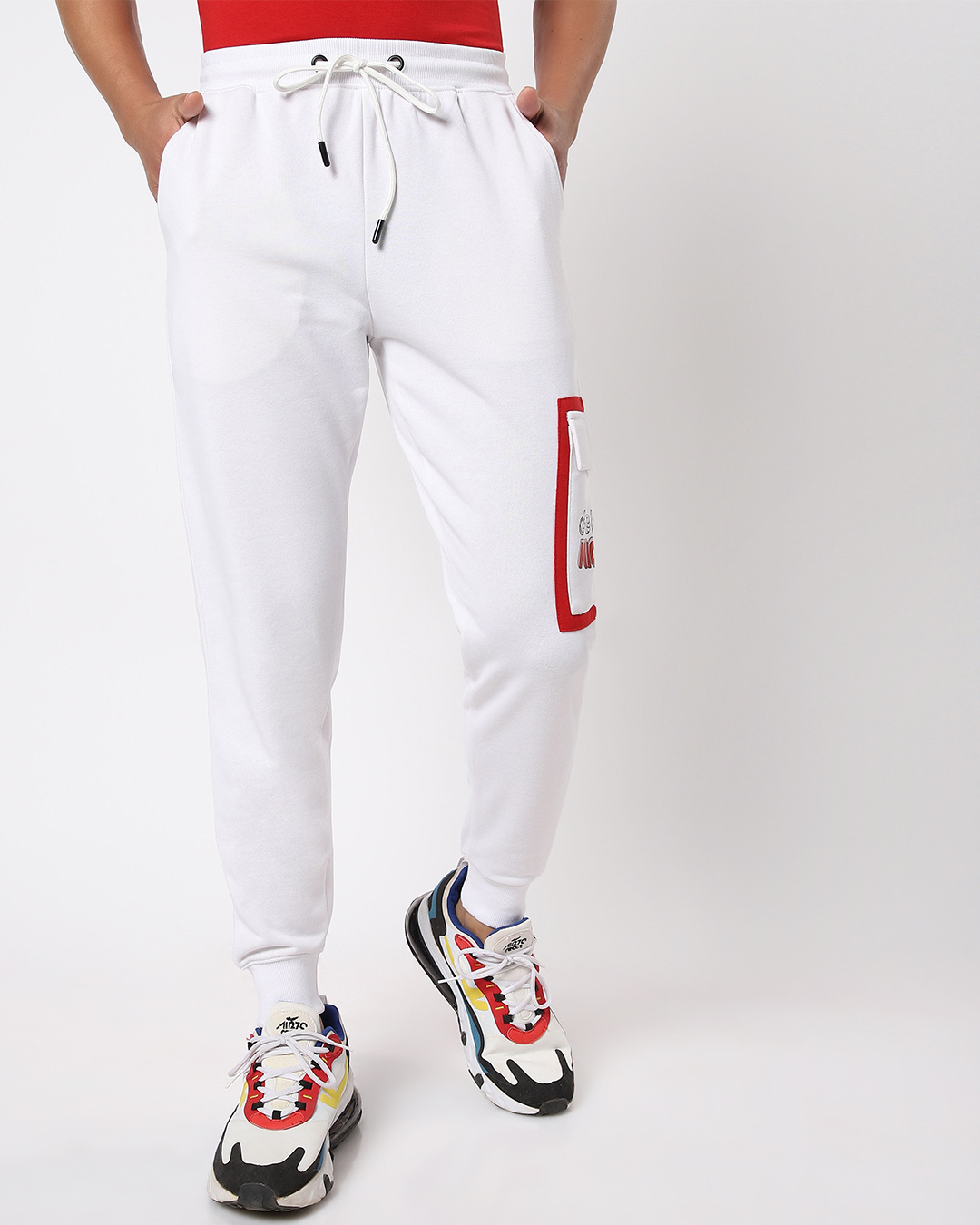 Shop Men's White Mickey Typography Cargo Joggers-Back