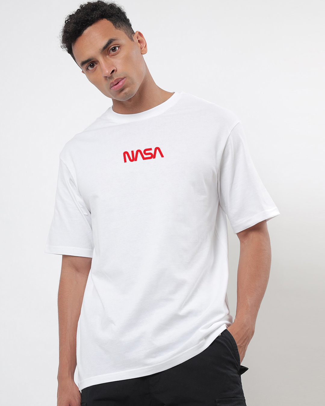 Shop Men's White NASA-US Typography Oversized Fit T-shirt-Back