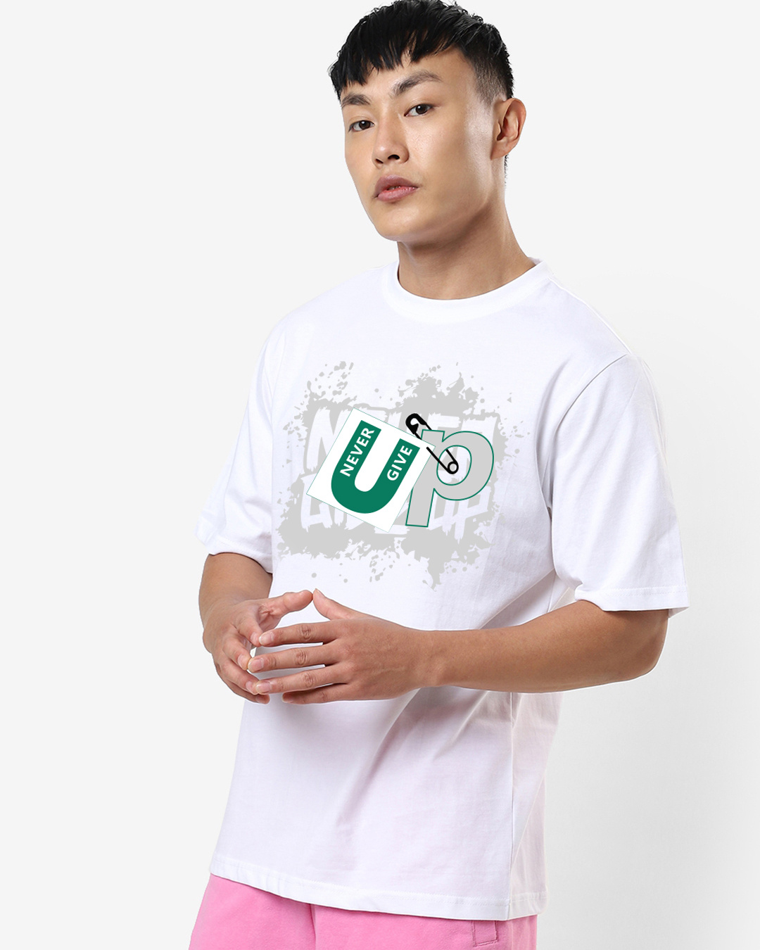 Shop Men's White Never Give Up Typography Oversized T-shirt-Back