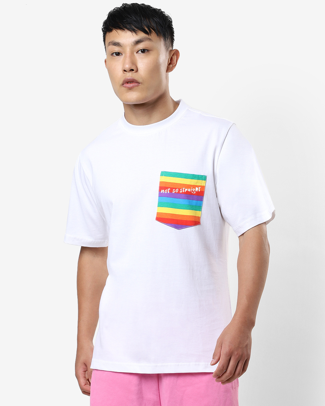Shop Men's White Not So Straight Multicolor Pocket Typography Oversized Fit T-shirt-Back