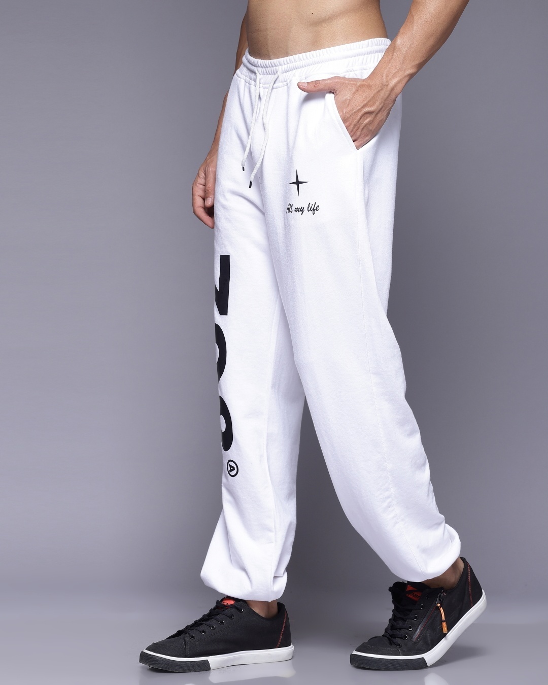 Shop Men's White Numeric Printed Relaxed Fit Joggers-Back