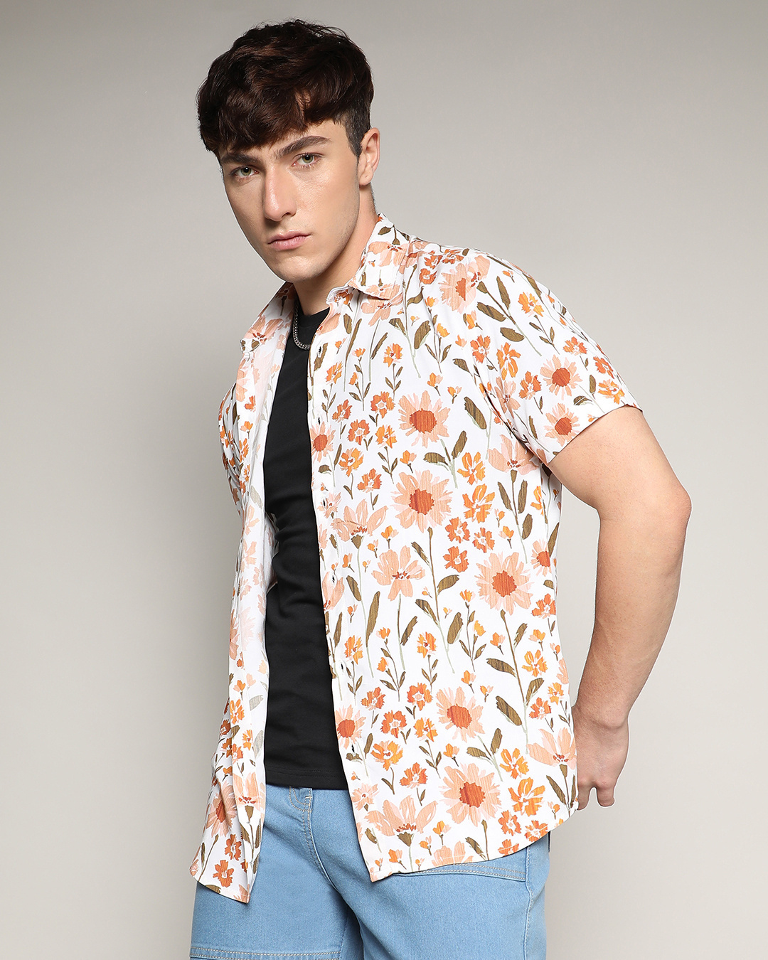 Shop Men's White & Orange All Over Floral Printed Shirt-Back