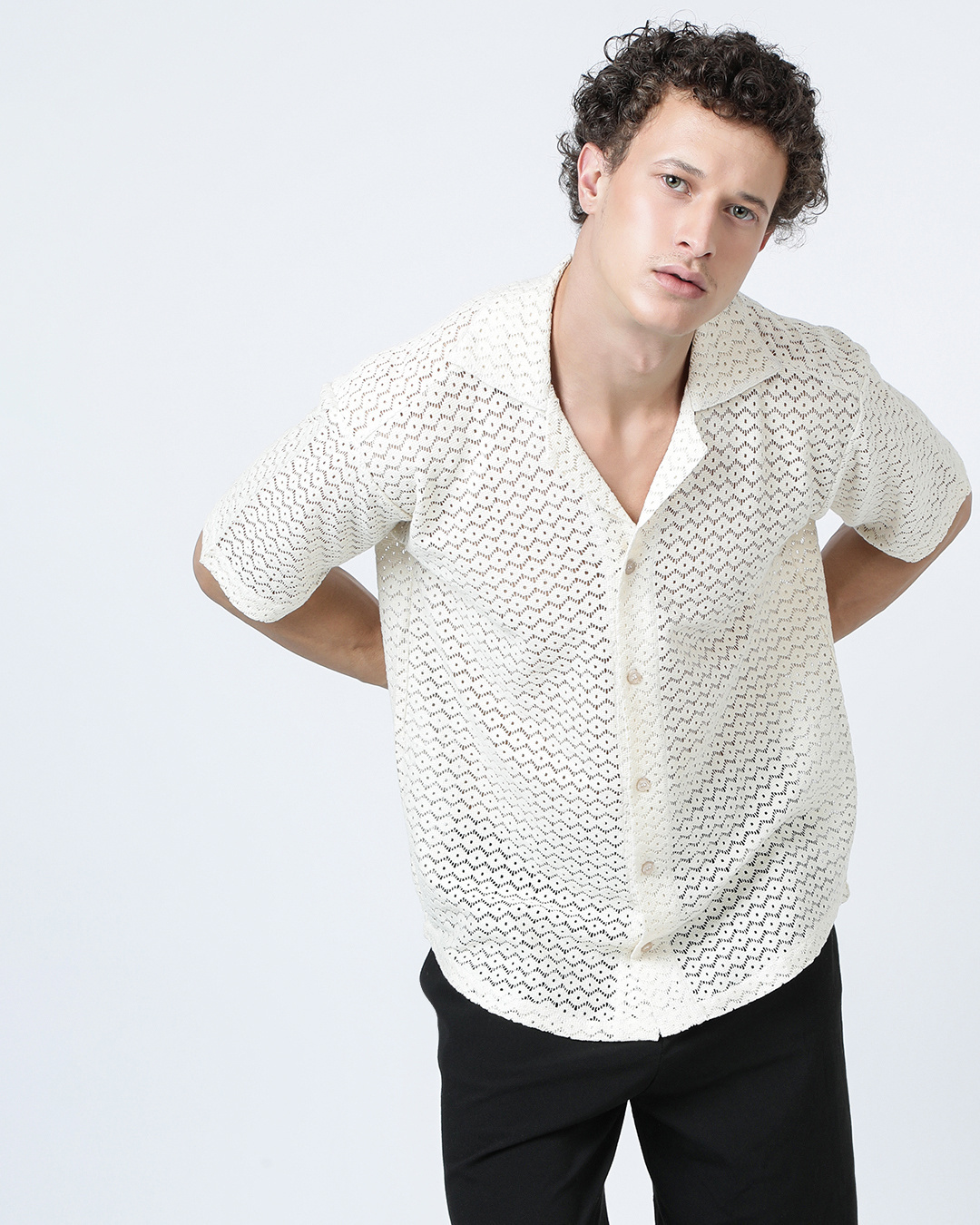 Shop Men's White Oversized Crochet Shirt-Back