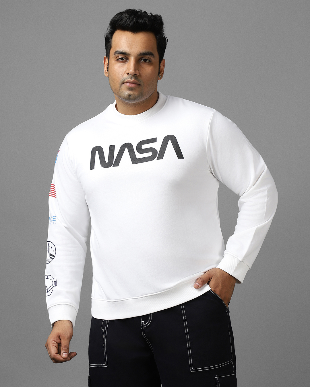 Shop Men's White Nasa Badge Graphic Printed Plus Size Sweatshirt-Back