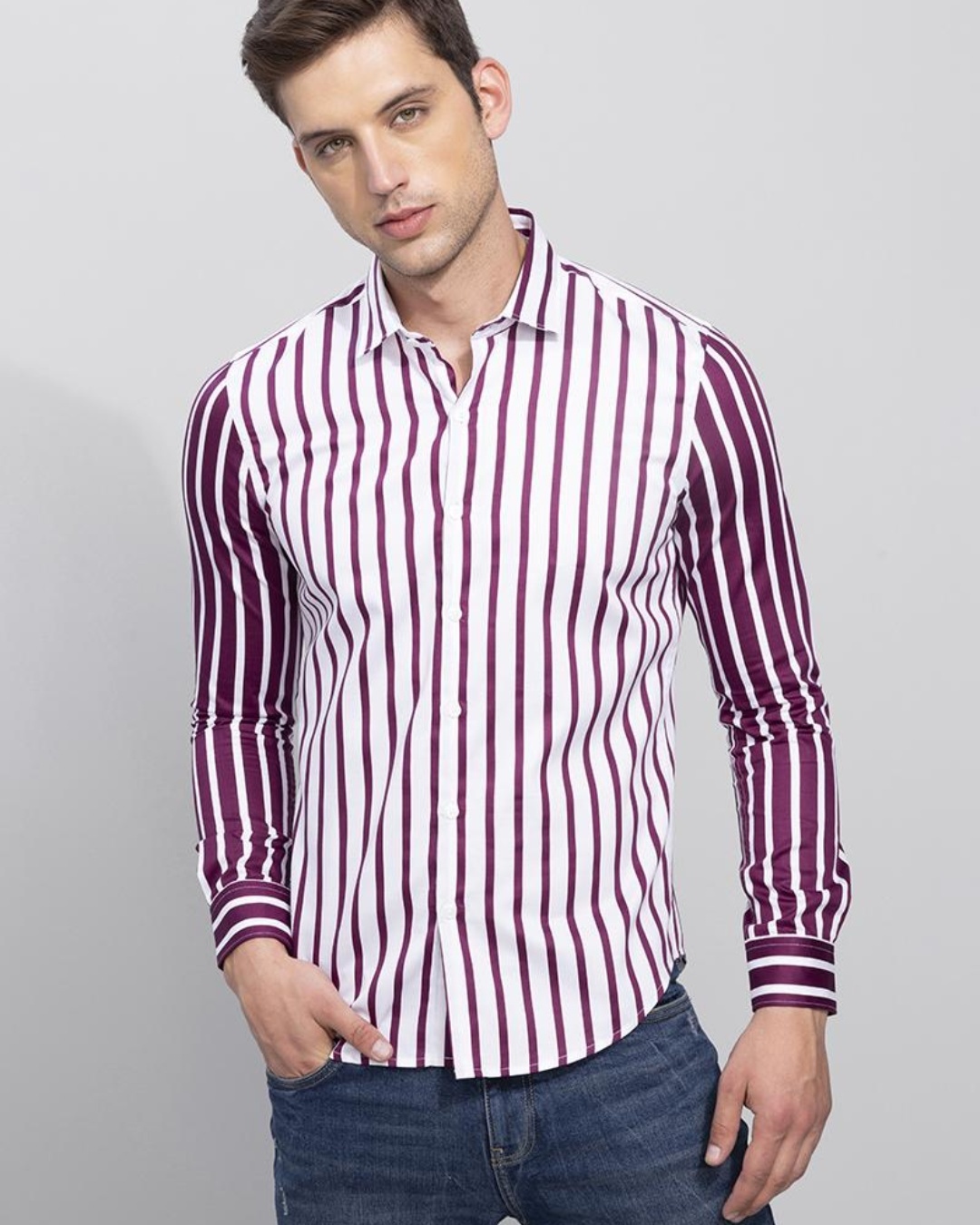 Buy Men's White & Purple Extreme Striped Slim Fit Shirt for Men White ...