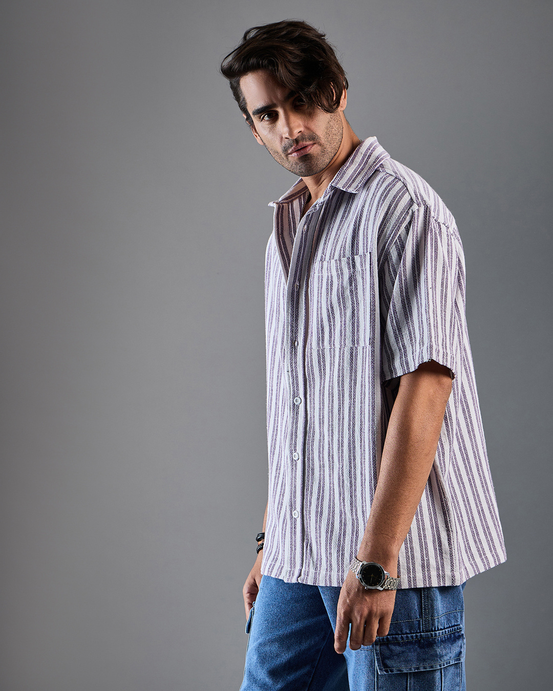Shop Men's White & Purple Striped Oversized Shirt-Back