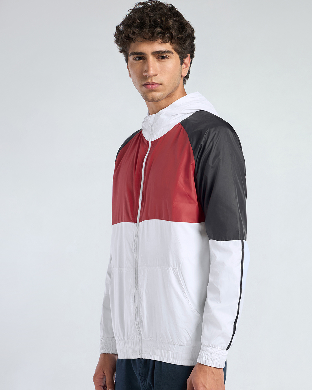 Shop Men's White & Red Color Block Hooded Windcheater Jacket-Back